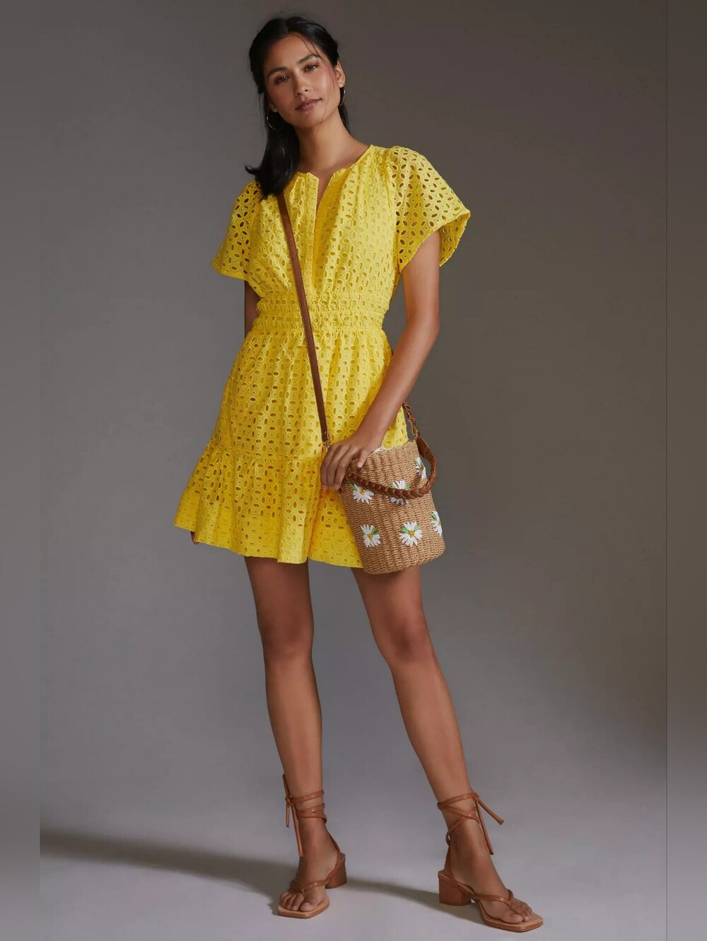 Yellow Eyelet Short Sleeve Fit-and-Flare Dress
